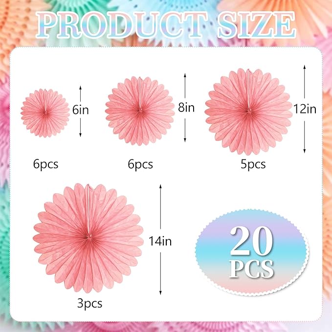 20 Pcs Light Pink Hanging Paper Fan, Round Paper Fans Decorations Set for Weddings, Birthdays, Engagement, Bridal Shower, Baby Shower Event, Graduation, Party Supplies Decor