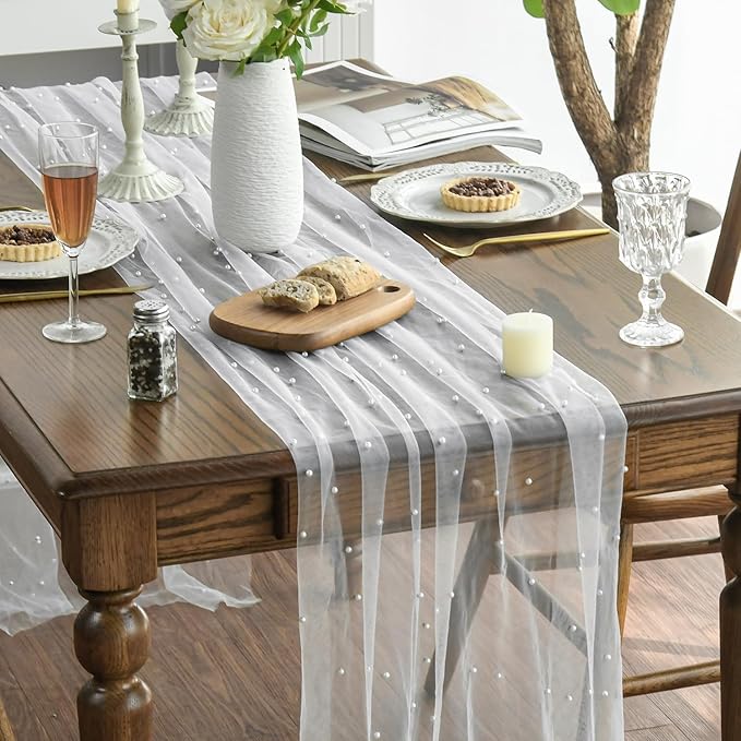 Artoid Mode Pearl Gauze Table Runner 59x120 Inch , Seasonal Sheer Kitchen Dining Holiday Wedding Birthday Baby Shower Table Decor for Home Party