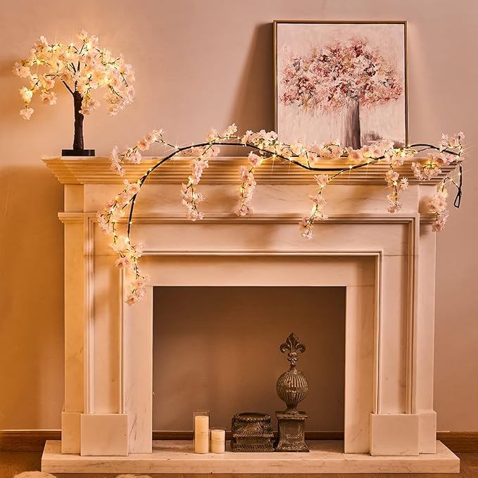 Fudios Lighted Garland Spring with Cherry Blossom 96 Fairy Lights 6FT for Mantle Year Round,Flower Garland with Lights with Timer Battery Operated for Wedding Party