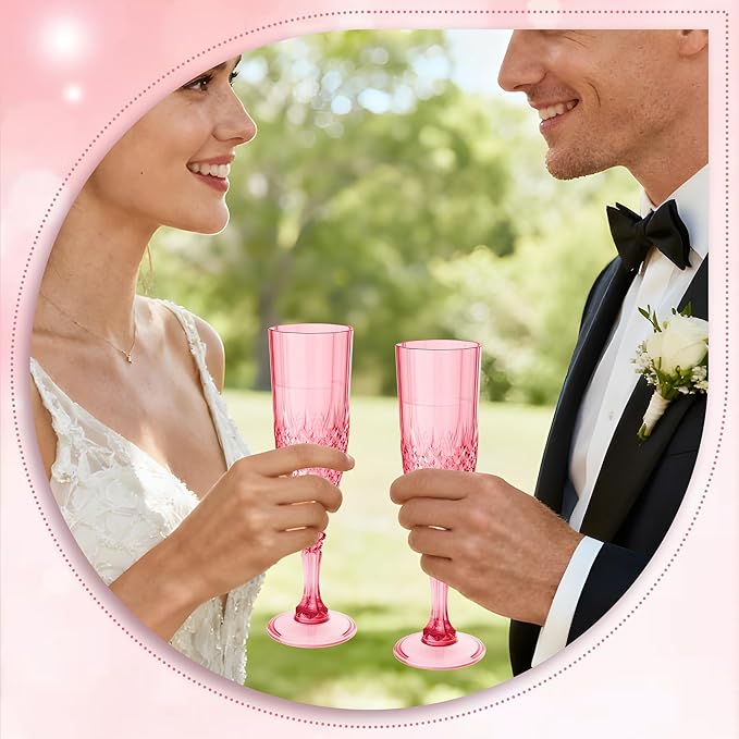 Plastic Champagne Flutes, 24PCS Red Wine Glasses Goblets Cups Reusable Flute, for Weddings Bachelor Parties Toasting and Events(24, Red)