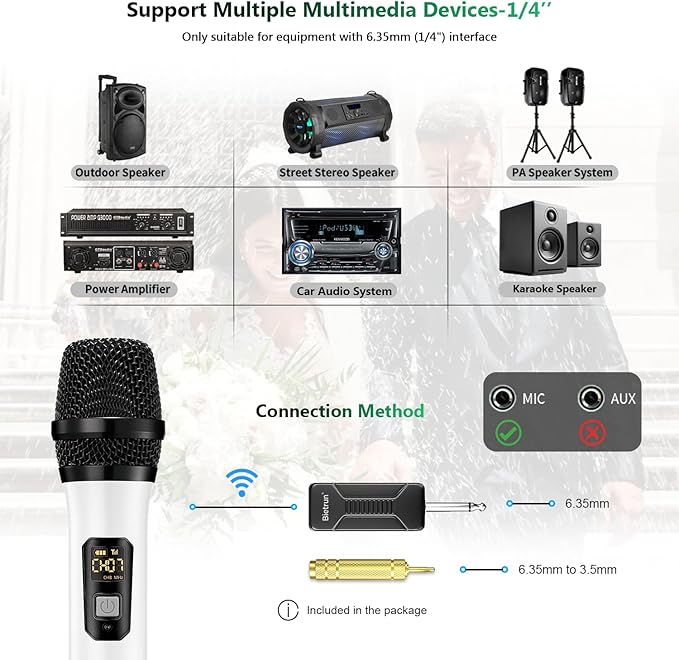 Wireless Microphone, Bietrun UHF Metal Dual Handheld Cordless Dynamic Mic System with Rechargeable Receiver, 1/4‘’Output, for Karaoke, Church, Speech, Wedding, Party Singing(160 ft Range)-Auto Connect