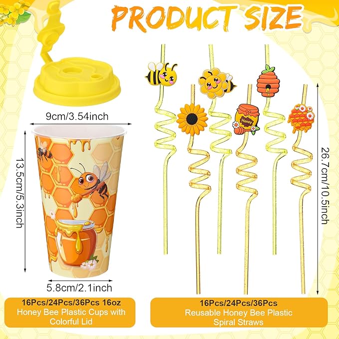 Yungyan 36 Sets Honey Bee Party Favors Goodie Cups with Lids and Straws for Birthday Decorations Reusable 16oz Plastic Candy Cups Plastic Straws for Birthday Party(Bee)
