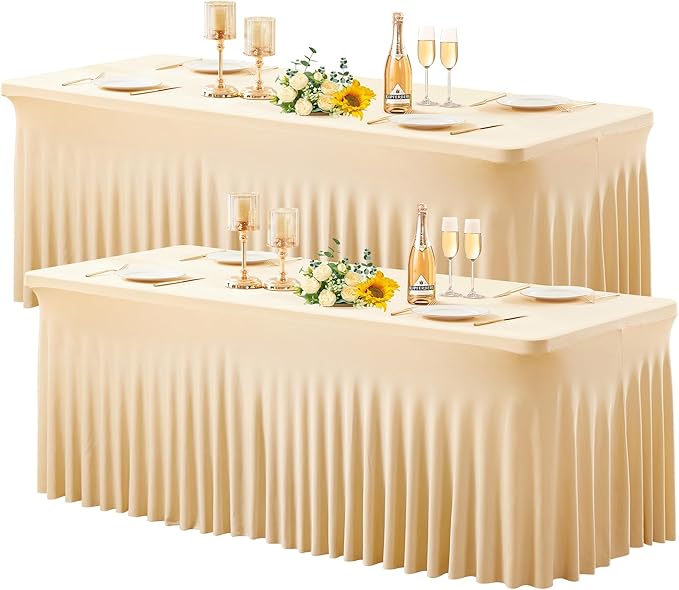 Wish Care 2 Pack Champagne Spandex Table Clothes for 8 Foot Rectangle Tables, 8FT Wrinkle Free Fitted Tablecloths Ruffles Design Table Cover for Party, Banquet, Wedding and Events
