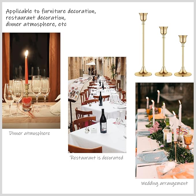 Vintage Gold Brass Taper Candle Holders for Candlesticks, Fireplace & Party - Set of 3