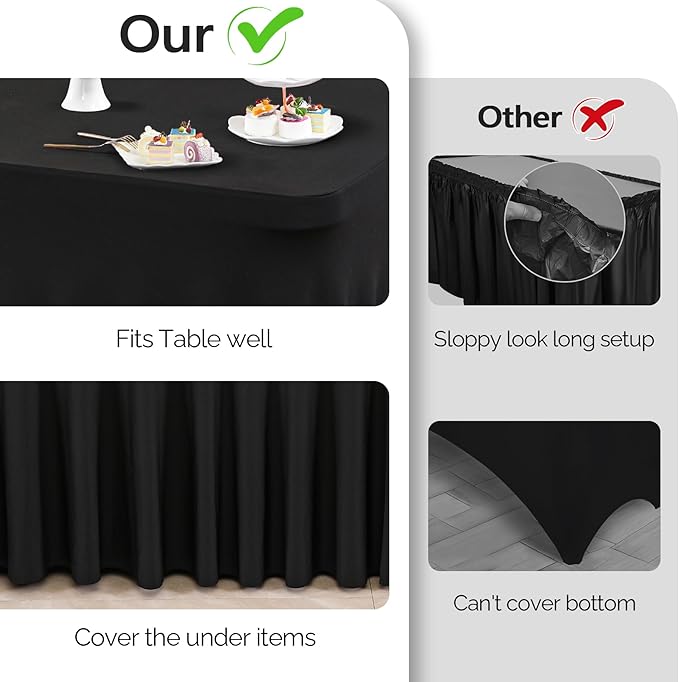 Wish Care 6 Pack Black Spandex Table Cloths for Rectangle Tables 8ft - One-Piece Wrinkle Free Fitted Table Cover 8 Foot Table Stretch Tablecloths for Party, Banquet, Wedding and Events