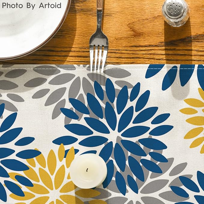 Artoid Mode Blue Dahlia Floral Pinnata Summer Table Runner, Spring Kitchen Dining Table Decoration for Home Party Decor 13x108 Inch