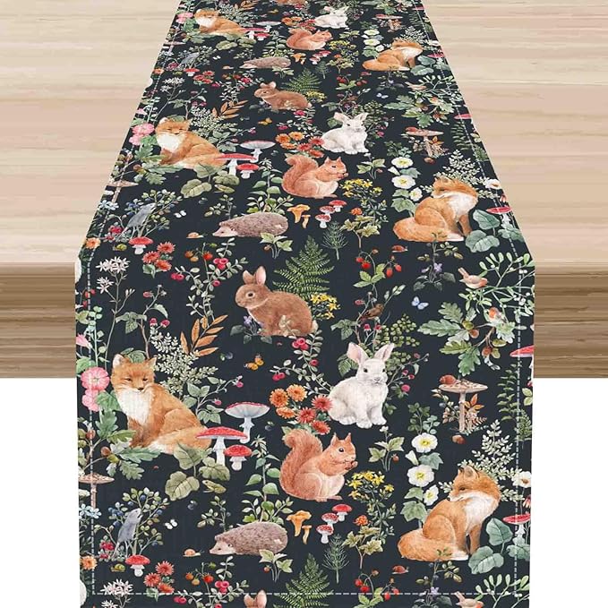 Rustic Woodland Table Runner, Farmhouse Forest Animals Country Lodge Wild Animals Fox Rabbits Table Center Decor for Home Kitchen Dining Patio Holiday Party Indoor Table Decorations, 13"x90" Inch