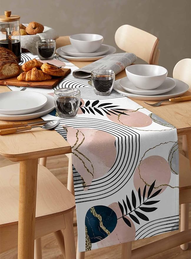 Modern Boho Cotton Linen Table Runner for Dining Kitchen, Wedding Outdoor Party Tablerunners Decoration, Abstract Bohemian Tropical Palm Leaf Dresser Scarf Coffee Tablecloth Runners 13x108 Inches