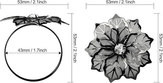 KPOSIYA Flower Napkin Rings Holder Metal Black Napkin Rings Set of 12 for Wedding Party Holiday Banquet Christmas Dinner Delicate Serviette Buckles Decor Favor (12, Black)