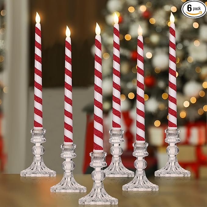 Baquler 6 Pcs Christmas Flameless Taper Candles 10.6 Inch Glitter Candy Cane Candles Battery Operated LED Christmas Candlesticks for Xmas Centerpiece Holiday Party Decor