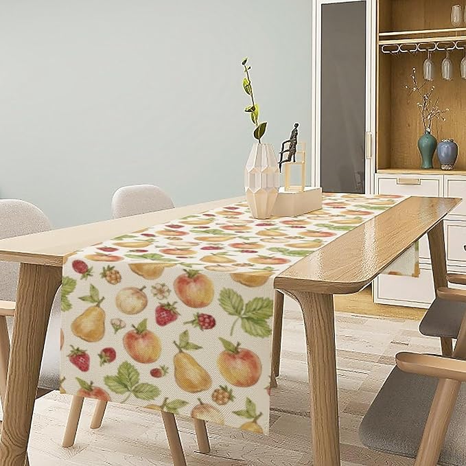 Vintage Spring Summer Fruit Table Runner Watercolor Pear Strawberry Leaves Dinner Runner for Farmhouse Party Holiday Home Kitchen Dining Table Decor 13x120