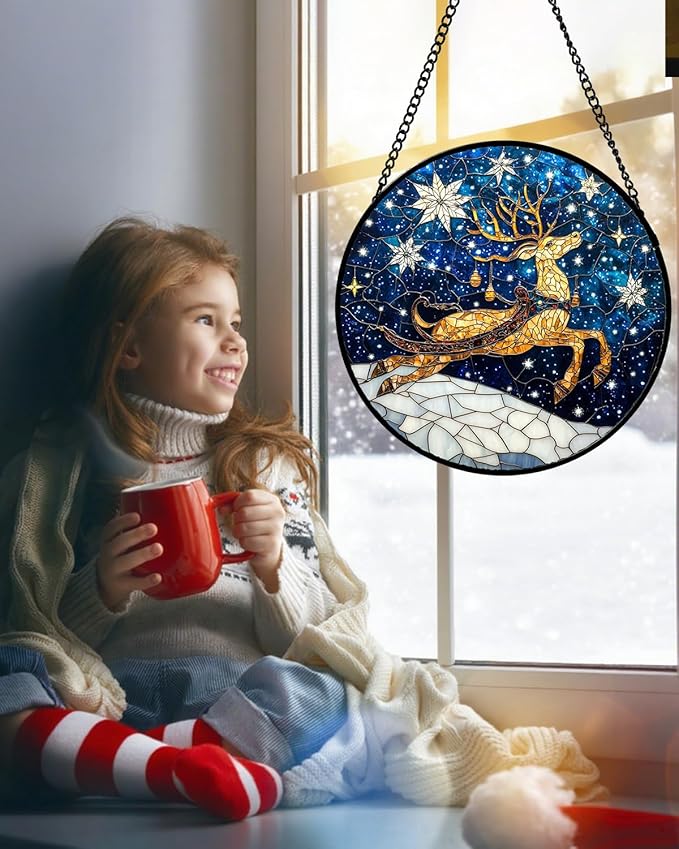 Stained Glass Window Hanging - Reindeer Blue Starry Sky Suncatcher for Doors Home Christmas Decoration Winter Sun Catcher Thanksgiving New Year Birthday Gifts for Women Men Mom Nana 15 in