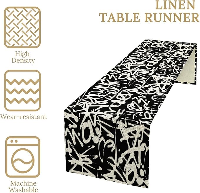 Graffiti Table Runner,Black White Abstract Messy Art Theme Pattern Print Tablecloth Burlap for Hotel Indoors Outdoor Dining Room Kitchen Home Decor,W13X L90 in