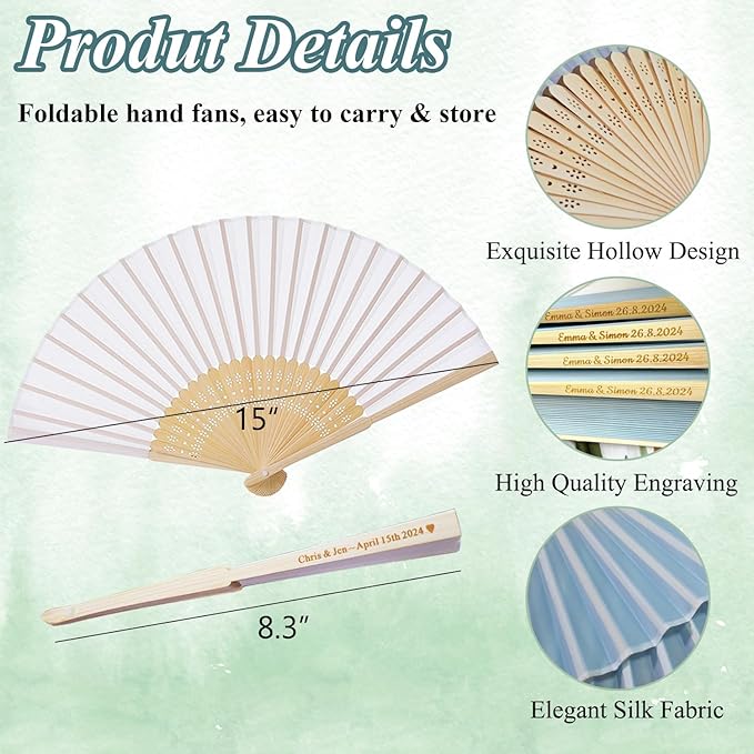 20 Pcs Personalized Light Blue Folding Hand Fans, Summer Wedding Fans, Personal Handheld Folding Fans Wedding Favors, Custom Imitated Silk-Bamboo Fans for Guests