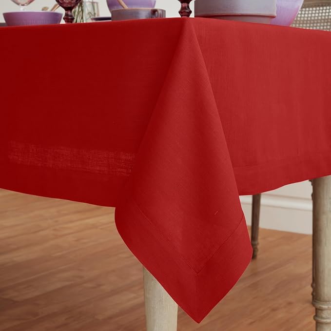 Solino Home Linen Red Tablecloth 60 x 132 Inch - 100% Pure Linen Rectangular Tablecloth - Machine Washable Table Cloth for Christmas, Fall, Autumn - Fete