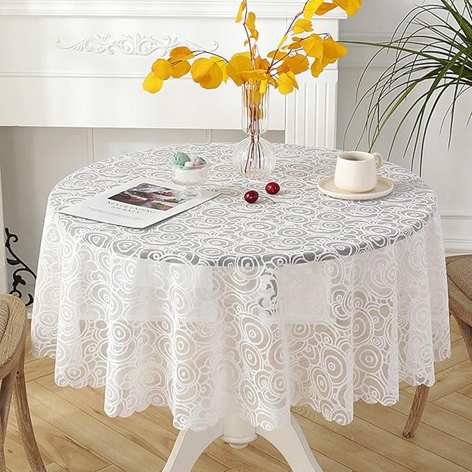 Jeloris Round Lace Tablecloth with Elegant Scalloped Bottom for Any Special Event Such as Wedding, Birthday Party, Baby Shower, Anniversary (70 inch, Style 7)