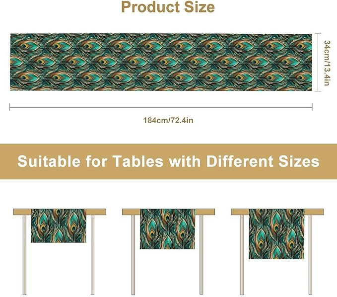 Peacock Feather Table Runner,Retro Aesthetic Green Table Runner for Home Kitchen Dining Party Indoor Outdoor Decoration 13x60 Inch