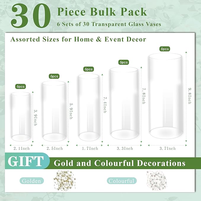 30pcs Glass Vase for Centerpieces, 4,6,7.5,8,10 inch Tall Clear Cylinder Flower Vase Bulk Floating Candle Holder for Wedding Table Home Décor and Party