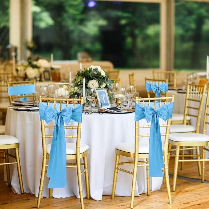 Satin Chair Sashes Bows Universal Chair Ribbon Ties Back Sash for Wedding Party Reception Events Banquets Hotel Event Chair Cover Decoration (7x108 inch) (100, Baby Blue)
