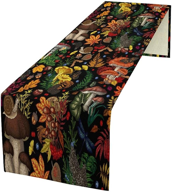 Nature Mushroom Table Runner,Retro Boho Floral Botanical Plant Forest Pattern Print Tablecloth Burlap for Hotel Indoors Outdoor Dining Room Kitchen Holiday Party, 13x80in