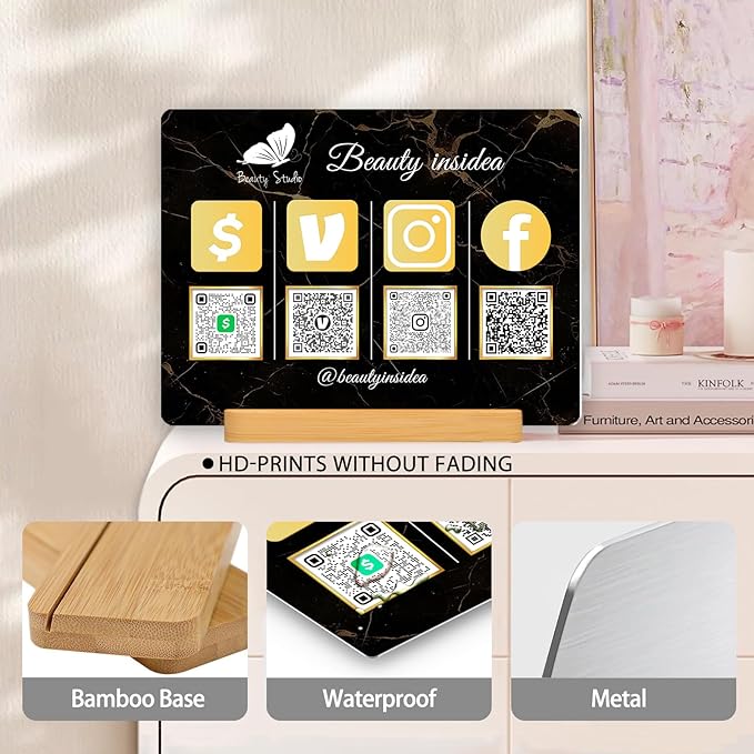 Personalized Custom Metal QR Code Sign Venmo Cashapp Scan to Pay with Stand Instagram Facebook Social Media QR Signs Bar Code QR Plaque Print for Business Salon Beauty Store Restaurant Wifi Sign (Vertical 4)