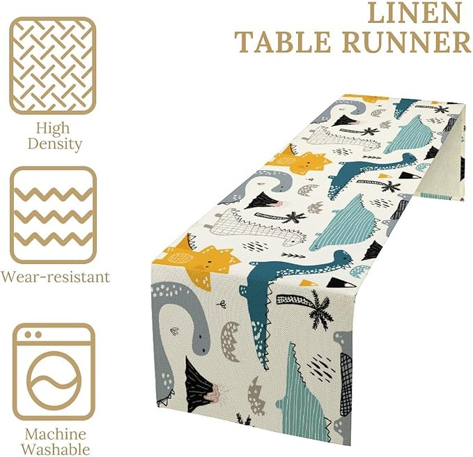 Cartoon Dinosaur Table Runner,Kids Boys Cute Various Dino Moutain Modern Abstract Print Tablecloth Burlap for Hotel Indoors Outdoor Dining Room Kitchen Holiday Party, 13x36in