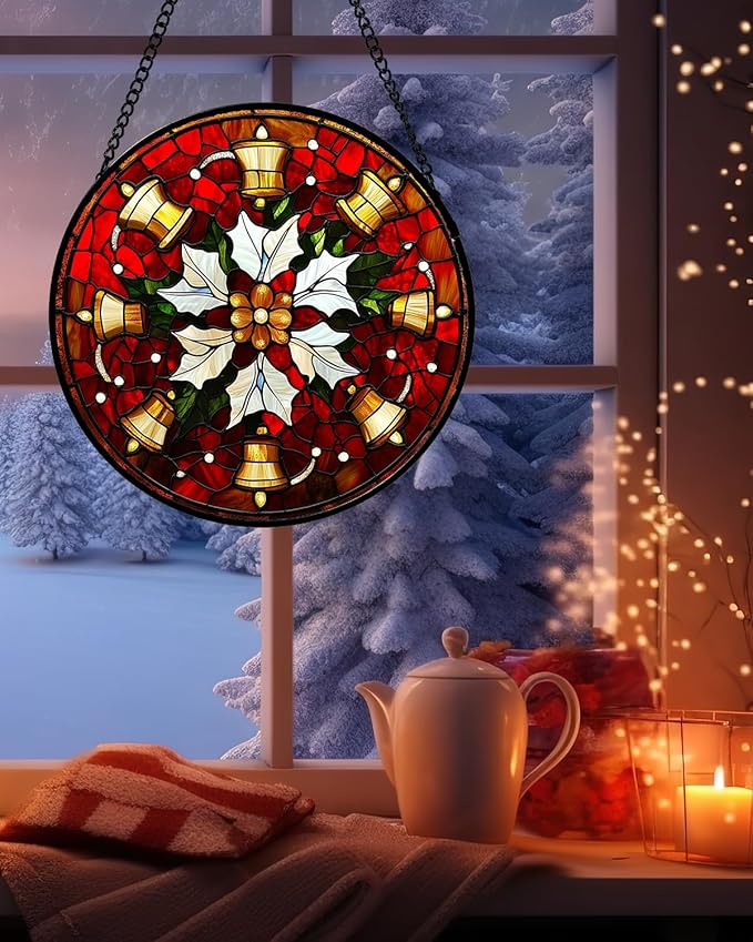 Stained Glass Window Hanging - Golden Bells Flowers Suncatcher for Doors Home Christmas Decoration Winter Sun Catcher Thanksgiving New Year Birthday Gift for Friend Women Men Mom Nana 7.8 in