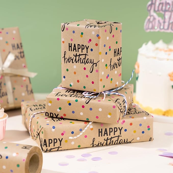 LeZakaa Birthday Kraft Wrapping Paper Roll, Happy Birthday Lettering & Colored Polka Dots Kraft Design for Holiday, Party, Baby Shower, 17 inches x 32.8 Feet (46.45 sq.ft.)