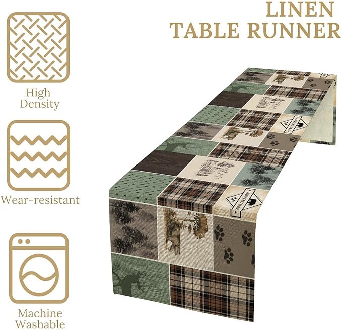 Bear Deer Table Runner,Rustic Lodge Retro Country Farmhouse Buffalo Plaid Print Tablecloth Burlap for Hotel Indoors Outdoor Dining Room Kitchen Home Decor,W13X L90 in