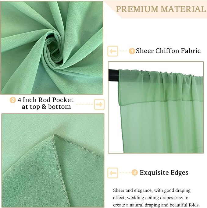 MODFUNS Sage Green Wedding Arch Draping Fabric 5x20ft 4 Panels Sheer Ceiling Curtain Chiffon Swag Curtain Romantic Tulle Arbor Draping for Party Banquet Hall Decoration