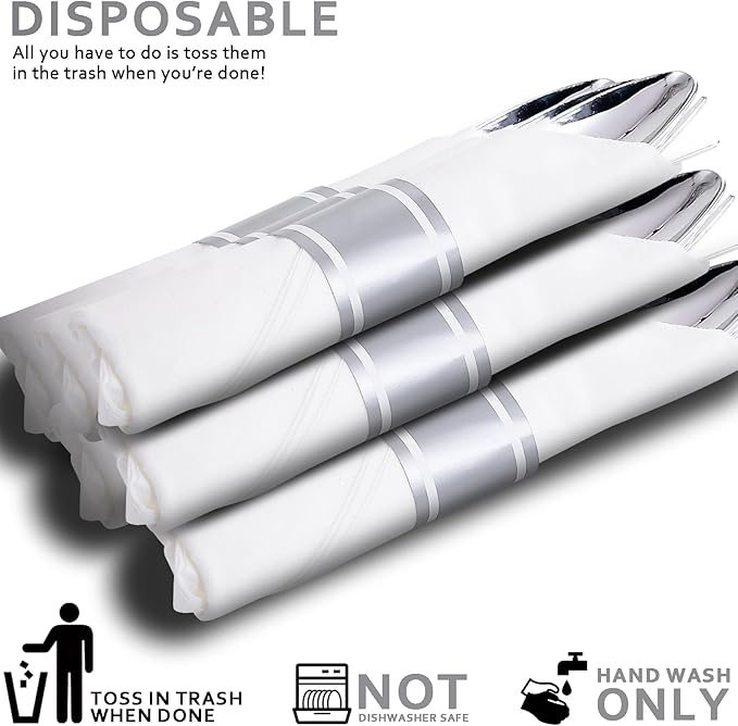 400PCS Pre Rolled Silver Plastic Silverware Sets - Heavy Duty Fancy Silver Cutlery - Include 100 Pack Wrapped Disposable Utensils with Napkins for Parties, Dinners & Weddings