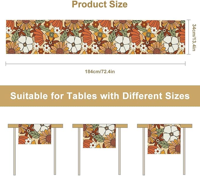 Vintage Floral Table Runner,Boho 70s Style Retro Flower Table Cloth Kitchen Dining Table Home Party Decoration 13x108 Inch