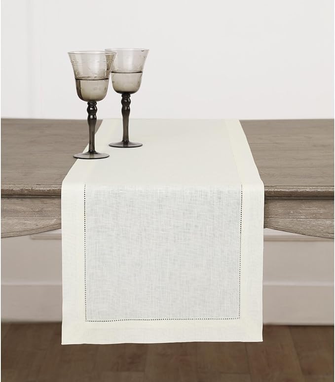 Solino Home Linen Ivory Table Runner 36 Inches - Classic Hemstitch, 100% Pure Linen Coffee Table Runner 14 x 36 Inch Ideal for Dresser Tables - Fall, Halloween, Thanksgiving, Christmas, Holiday
