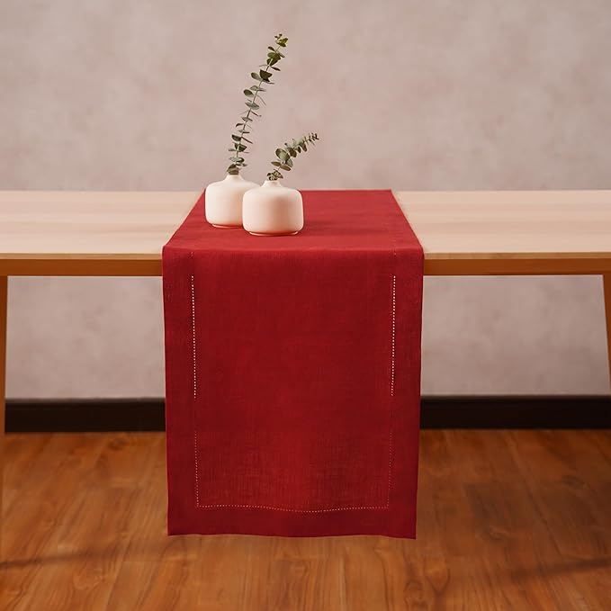 Home Ekka 100% Pure Linen Red Table Runner 14 × 48 Inch – Small Hemstitch Christmas Table Runner – Cloth Fabric Runner for Thanksgiving, Winter & New Year Table Décor – Elara Collection