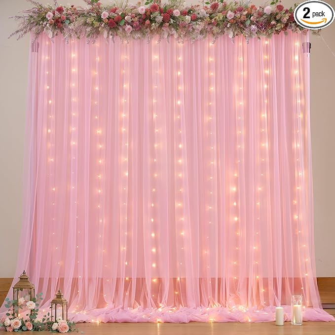 Sheer Backdrop Curtains with Lights String for Weddings Baby Showers, 10x8ft Sheer Tulle Photo Backdrop Curtains for Birthday Party Photography Background Decoration, Pink