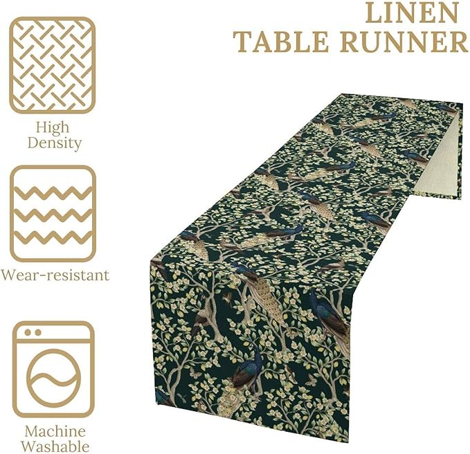 Peacock Table Runner,Retro Floral Plants Peacock Table Runner for Home Kitchen Dining Party Indoor Outdoor Decoration 13x60 Inch