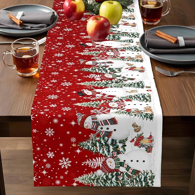 Christmas Snowman Cotton Linen Table Runner for Dining Kitchen, Xmas Tree White Snowflakes Winter Wedding Outdoor Party Tablerunners Decoration, Dresser Scarf Coffee Tablecloth Runners 13x72 Inches