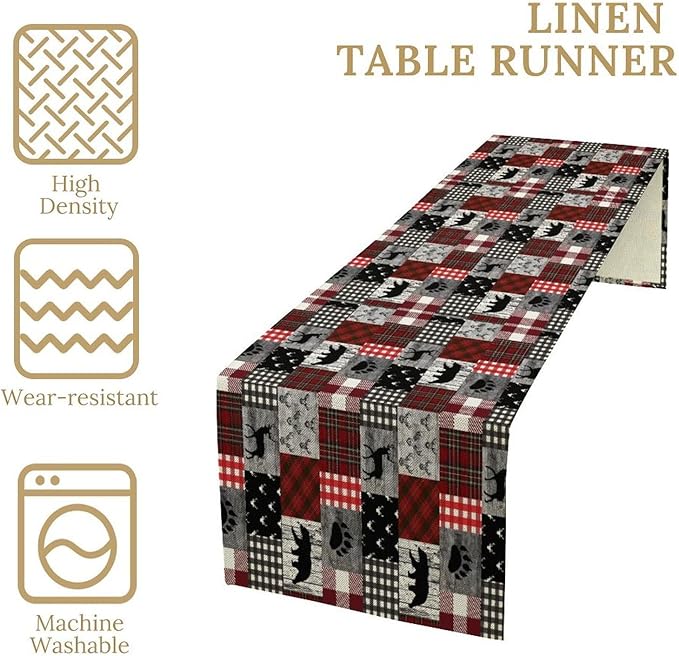 Rustic Farm Table Runner,Vintage Woodland Deer Bear Animal Buffalo Plaid Print Tablecloth Burlap for Hotel Indoors Outdoor Dining Room Kitchen Home Decor,W13X L60 in