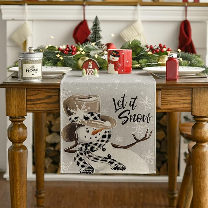 Artoid Mode Grey Snowman Snowflake Let it Snow Christmas Table Runner, Seasonal Winter Kitchen Dining Table Decor for Home Party Indoor 13x48 Inch