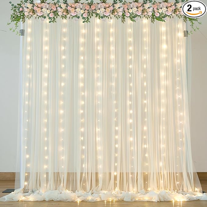Ivory Sheer Backdrop Curtains with Lights String for Parites Wedding 10×8ft Tulle Backdrop Curtains for Baby Shower Birthday Party Photo Shoot Background Decorations