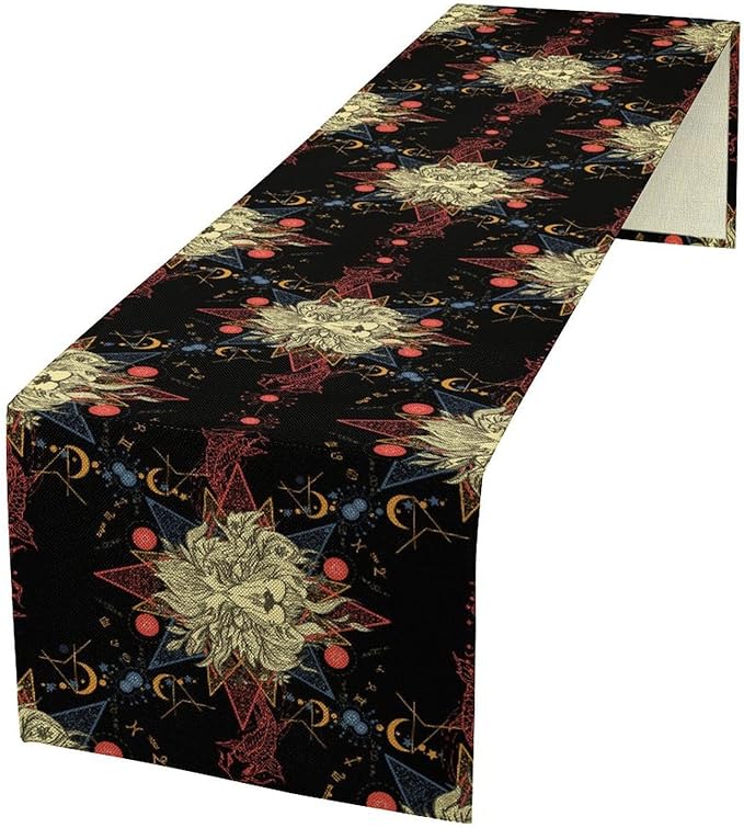 Boho Moon Lion Table Runner, Chinese Fish Phase of The Moon Sun Moon Table Runner for Kitchen Dining Table Home Party,13x108 Inch Black Red