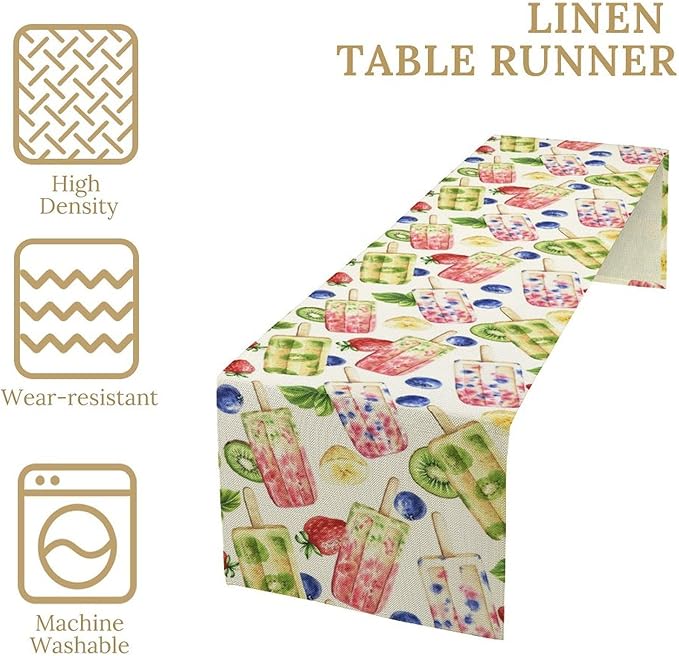 Ice Cream Table Runner, Watercolor Fruit Ice Popsicles Berry Kiwi Cold Summer Desserts Seasonal Dinner Runner for Party Holiday Home Kitchen Dining Table Decor 13"x90"