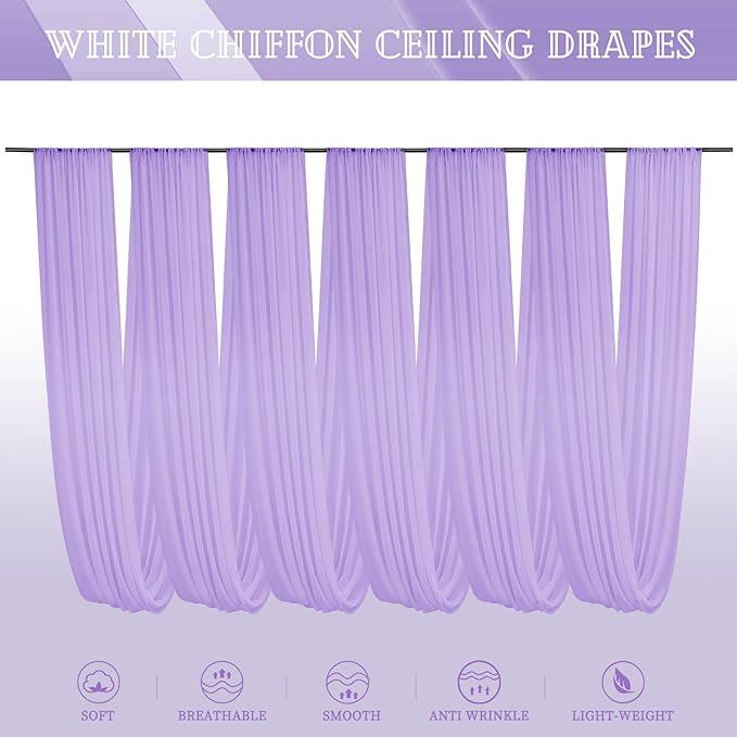 6 Panels Lavender Ceiling Drapes for Wedding 5ftx20ft Chiffon Fabric Arch Draping Curtains Sheer Drapery for Party Ceremony Birthday Baby Shower Reception Stage Swag Ceiling Decorations