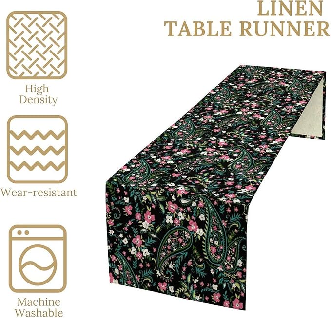 Paisley Table Runner, Abstract Vintage Boho Pink Paisley Flowers Green Teal Leaves Print Table Runner for Dinning Holiday Party Indoor Outdoor Decor, 13x90inch