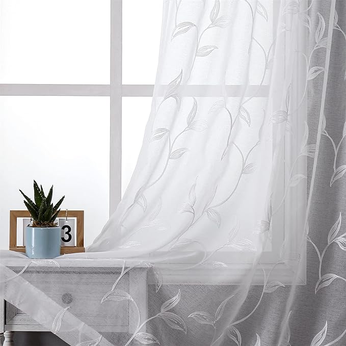 VISIONTEX White Sheer Voile Curtains, Decorative White Embroidery Faux Linen Rod Pocket Window Drapes for Home Kitchen, Living Room and Bedroom 54 x 84 Inch, Set of 2 Curtain Panels