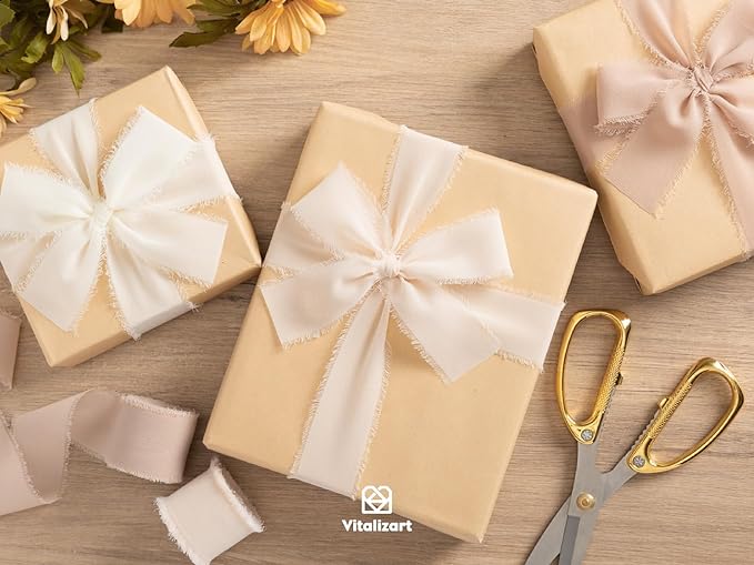 Vitalizart White Handmade Chiffon Silk Ribbon Fringe 1.5" x 21 Yd Nude & Ivory Frayed Edges Ribbons for Wedding Invitations Bridal Bouquets Gifts Wrapping Crafts Holiday Party Decorations