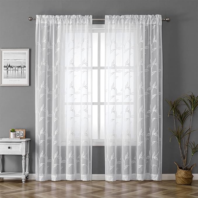 VISIONTEX White Sheer Voile Curtains, Decorative White Embroidery Faux Linen Rod Pocket Window Drapes for Home Kitchen, Living Room and Bedroom 54 x 95 Inch, Set of 2 Curtain Panels