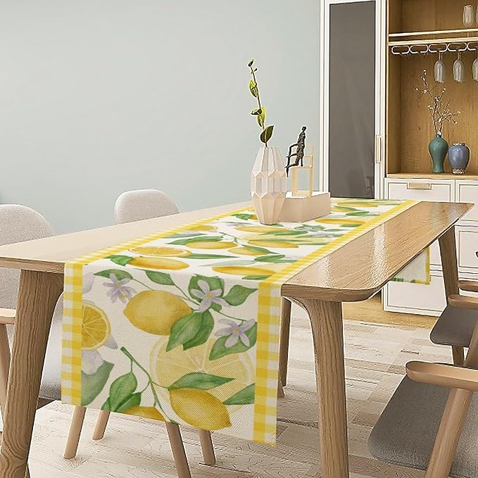 Lemon Table Runner,Yellow White Buffalo Plaid Summer Table Runner for Kitchen Dining Table Home Party Decoration 13x60 Inch