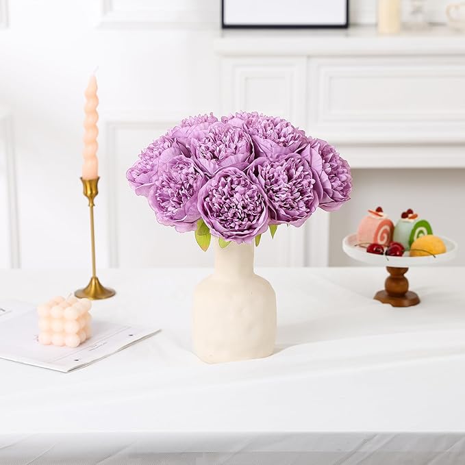U'Artlines Artificial Peony Silk Flower with Stems 10pcs Real Look Vintage Peonies for Home Wedding Decoration (Purple)