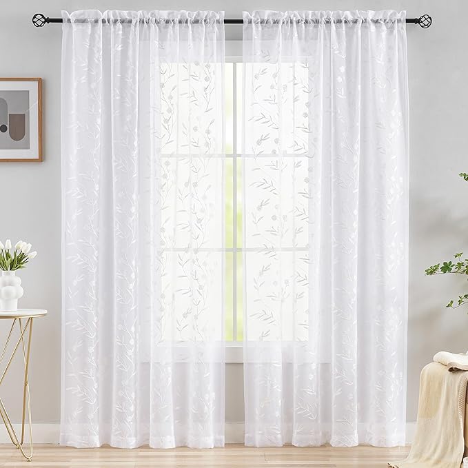 White Sheer Curtains Embroidery 72 Inch Length Rod Pocket Voile Drapes for Living room, Bedroom, Outdoor, Nursery Curtain Semi Flower Curtain Panels for Baby, Womaen, Garden, Lawn, Set of 2, 52"x 72".